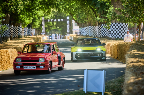 Renault 5 Turbo 3E makes its UK public dynamic debut at the Goodwood Festival of Speed, running in tandem with the original that inspired it