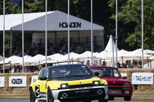 Renault 5 Turbo 3E makes its UK public dynamic debut at the Goodwood Festival of Speed, running in tandem with the original that inspired it