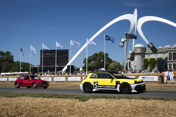 Renault 5 Turbo 3E makes its UK public dynamic debut at the Goodwood Festival of Speed, running in tandem with the original that inspired it