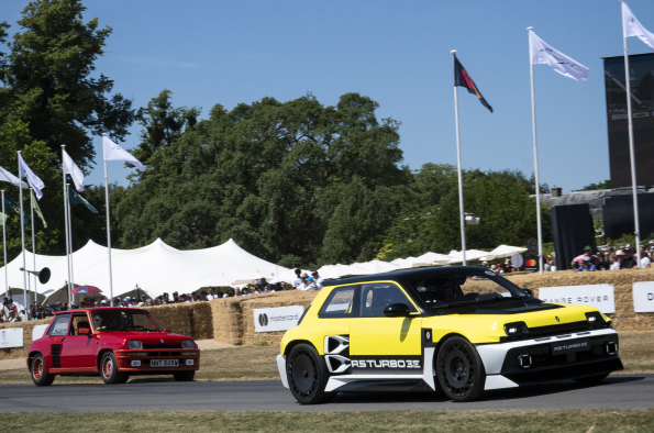 Renault 5 Turbo 3E makes its UK public dynamic debut at the Goodwood Festival of Speed, running in tandem with the original that inspired it