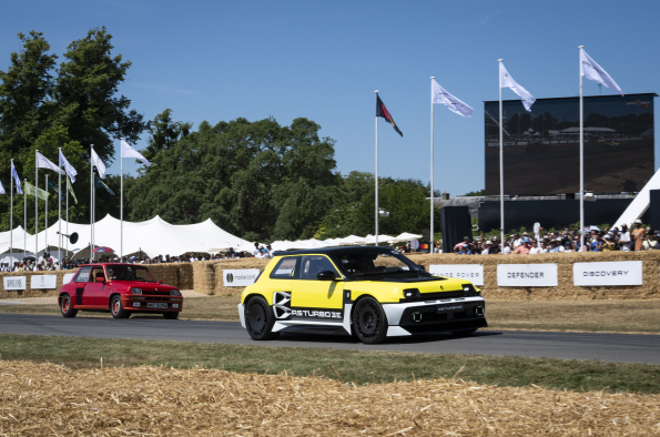 Renault 5 Turbo 3E makes its UK public dynamic debut at the Goodwood Festival of Speed, running in tandem with the original that inspired it